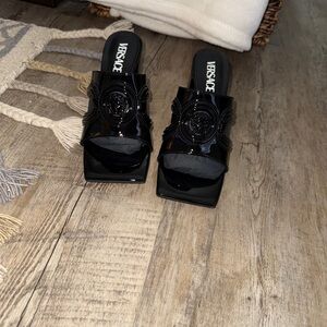 Versace Black Patent Leather Mules
